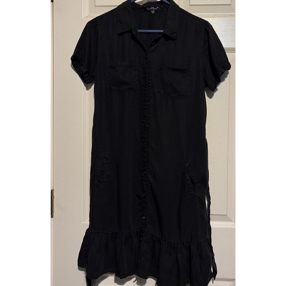 Black Tencel Button Front Ruffle Hem Shirt Dress Medium Size XS Velvet Heart